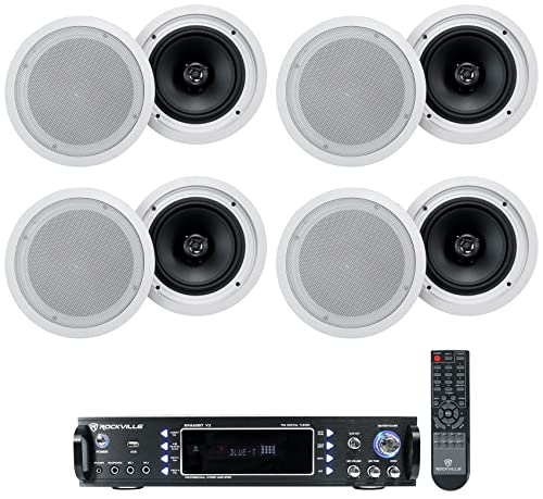 Rockville Bundle: (1) Rockville RPA60BT V2 1000 Watt 2-Ch USB Bluetooth DJ/Pro/Karaoke Amplifier Mixer Bundle with (8) Rockville HC85-16 White 8