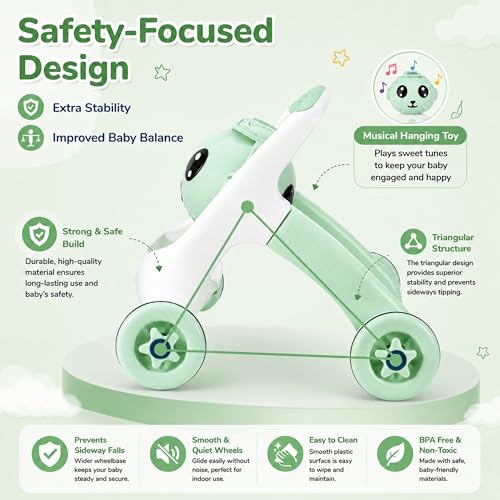 Image of Mommers Baby Walker Musical Push Support with Wheels & Handle Cute Design Activity Walker, for Toddlers, Balanced Wheels, Indoor Play, Green