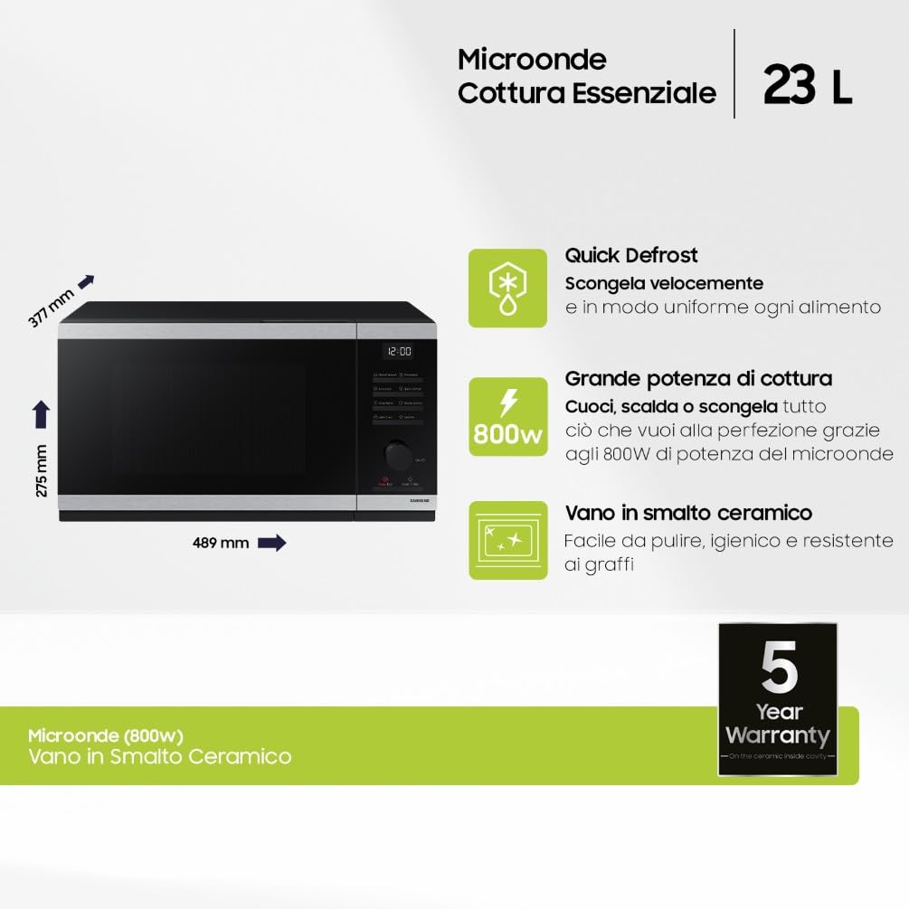 Samsung Forno a Microonde Cottura Essenziale MS23DG4504ATE, Home Dessert, Quick Defrost, Capacità: 23L, Colore: Nero, LxAxP: 48,9 x 27,5 x 37,7