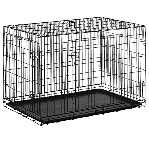 PawHut Cage pour Chien Pliable, en Acier métallique, 2 Portes verrouillables, Plateau Amovible, Cage de Transport pour Chien, 106L x 68l x 76H cm, Noir