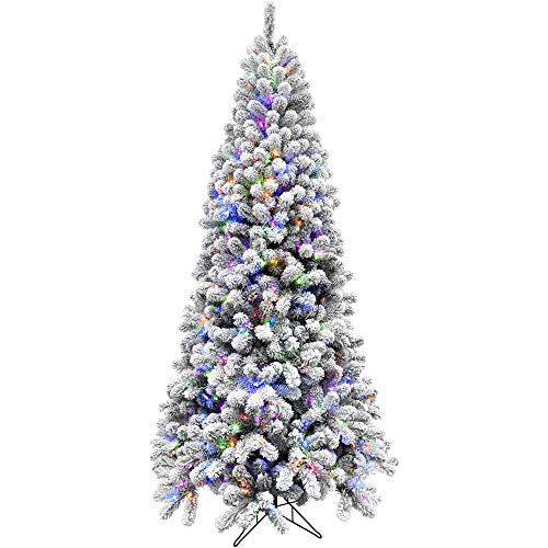 Fraser Hill Farm 7.5-Ft. Alaskan Pine Flocked Artificial Christmas Tree with Dual Multicolor & Warm White LED Lights and Stand, Prelit Foldable Fake Tree with Realistic Snowy Foliage for Home Decor