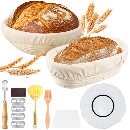 Prebarfun Bread Proofing Basket Set - Incl. 9'' Round & 11'' Oval Banneton Proofing Basket, Sourdough Cover, Bread Lame, Scrapers, Pastry & Clean Brush, Sourdough Starter Kit for Home Bakers