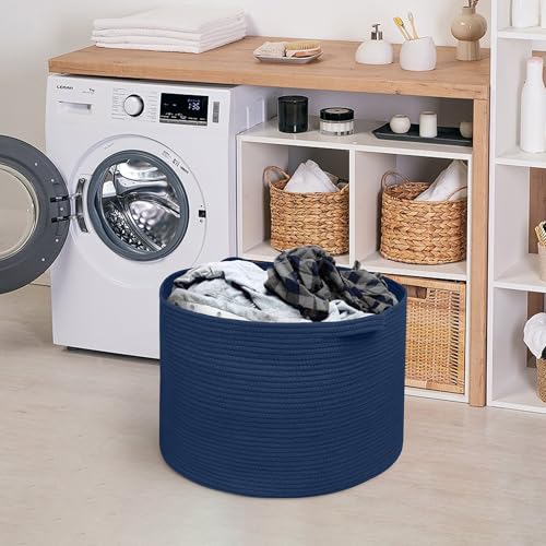 Image of MEGASKET Dark Blue Basket for Organizing, 22 inch x 14 inch Extra Large Woven Cotton Rope Laundry Basket, Blanket Storage for Living Room Bedroom, Big Nursery Kids Toy Box Organizer, Pool Towel Storage Bin