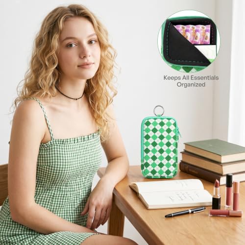 Image of KJQJLY 2 Pack Portable Tampon Organizer Bag Tampon Holder & Storage Case with Zipper for Travel, Discreet Period Bag for Purse, Waterproof Feminine Products Pouch for Women (Yellow and green lattice)