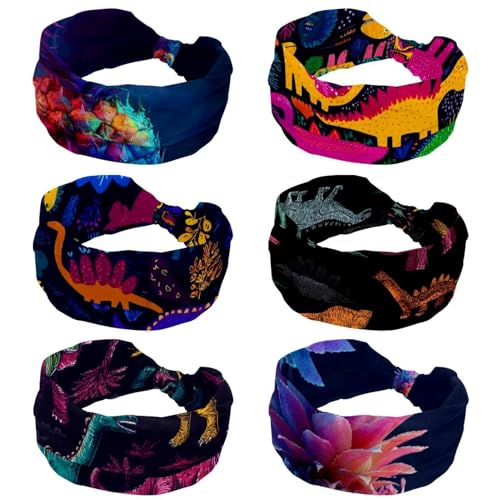 Lot de 6 bandeaux larges femme imprimé dinosaure style turban croisé