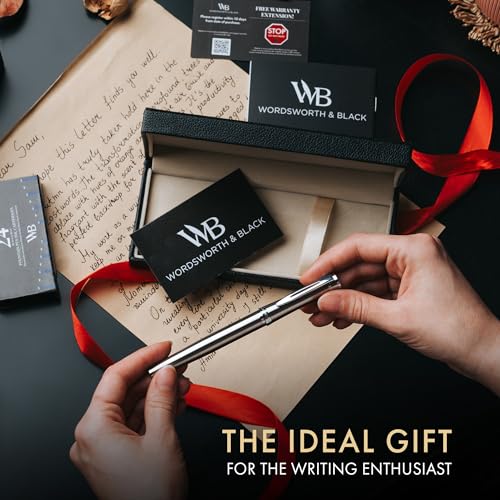 Image of Wordsworth & Black Luxury Fountain Pen Set for Writing, Bent Nib, Silver | Gift for Men & Women, Brass Body, German Iridium, Calligraphy, Converter + 24 Ink Cartridges, Refillable, Leak-Free