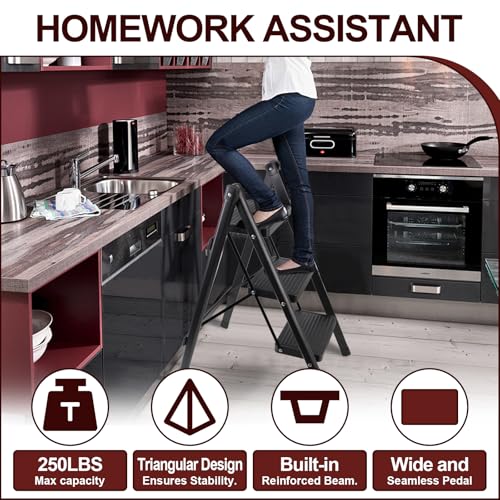 Image of 3-Step Ladder, Folding Step Stool for Kitchen /Closet /Garage, Sturdy & Lightweight Aluminum Handy Ladder, 200 lbs Capacity, Anti-Slip Pedals, Compact & Portable for Home DIY & Everyday Tasks