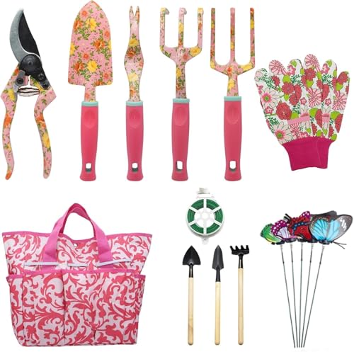 Juego de Herramientas de Jardinería 16 Pcs,Kits de Regalo de Herramientas Manuales de Jardín FloralRegalos de Jardinería para Mujeres y Hombres, con Tijeras de Podar y Bolsa de Almacenamiento