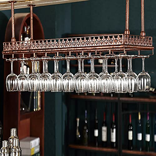 Soporte para copas de vino de acero cromado con techo de metal para colgar copas de vino, estante para colgar, estilo de hierro, para bares, hogares, restaurantes, 120 x 35 cm, 48 tazas (bronce) Cover