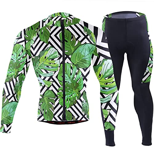 Green Tropical Palm Tree Leaves on Black and White Geometric Pattern Men Cycling Jersey Clothes Long Padded Pants Sets Quick Dry Bike Riding Shirts Clothes Long Sleeve Outfit Full Zipper Jacket(XL)