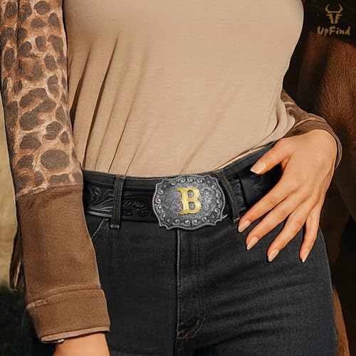 Western Cowboy Leather Belt Men Women, Gold Initial Letters ABCJMZ Buckle Embossed Belt for Jeans