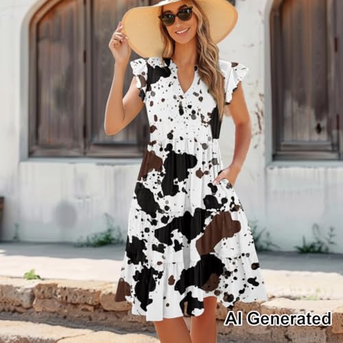 Image of Women's Casual Ruffle Sleeve Dress V Neck Pullover Dress Flowy A-Line Pleated Lightweight Dress with Pockets