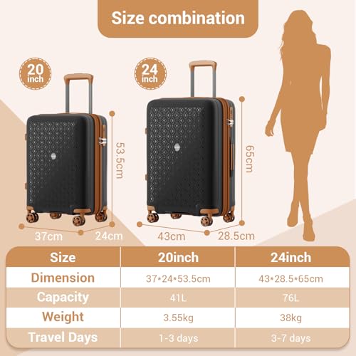 Kono Expandable 24 Inch Hard Shell Travel Luggage, Large capacity for easy travel, Hidden Cup Holder & TSA Lock Lightweight Suitcase - Black/Brown2