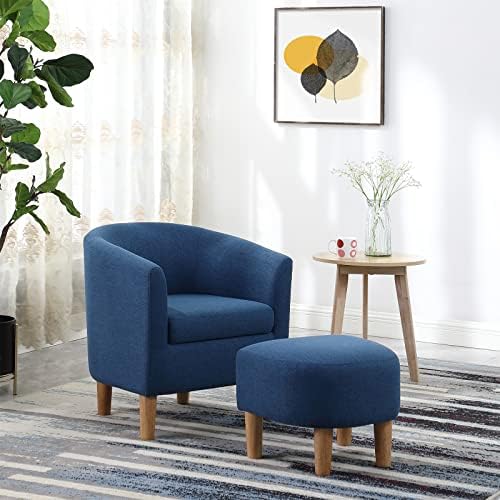 DAZONE Accent Chair, Mid Century Modern Chair with Ottoman, Comfy Arm Chair Footrest Set Comfortable Living Room Chairs Upholstered Barrel Round Club Tub Sofa Chair for Bedroom Reading Room, Blue