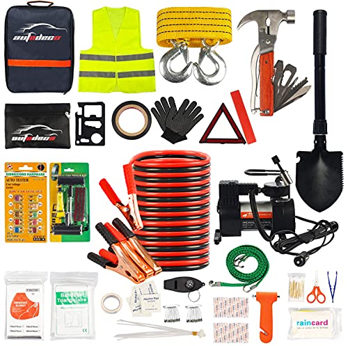AUTODECO Car Roadside Emergency Kit - 118-Piece Premium Heavy Duty Car Roadside Emergency Kit - Jumper Cables Portable Air Compressor Tow Strap Multifunctional Hammer Shovel, etc.