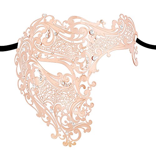 Thmyo Half Face Masquerade Masker, Glanzend Metaal Strass Halloween Kostuum Party Mask (Rose goud)