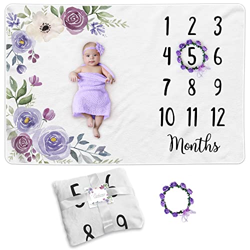 Image of Paishanas Baby Monthly Milestone Blanket Girl Baby Milestone Blanket Premium Fleece Months Baby Milestone Large Size Milestone Blanket for Baby Girl Floral Baby Photo Blanket Baby Months Blanket