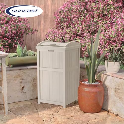 Suncast 2 Pack 15.75" x 16" x 31.6" Trash Hideaway 33 Gallon Resin Outdoor Commercial Garbage Container with Lid for Backyard, Deck, or Patio in Taupe - image 4