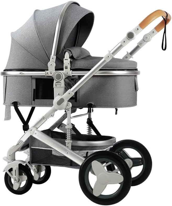 Luxury Baby Stroller 2 in 1 with Bassinet Mode Foldable Infant Stroller High Landscape Reversible Stroller Travel Pram Baby Carriage (Grey)