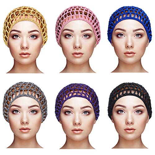 6 Pieces Mesh Crochet Hair Net Crocheted Hair Net Cap Rayon Snood Hat Thick Short Women Hairnet Snoods Cover Ornament for Sleeping (Black, Blue, Pink, Purple, Gray, Khaki)