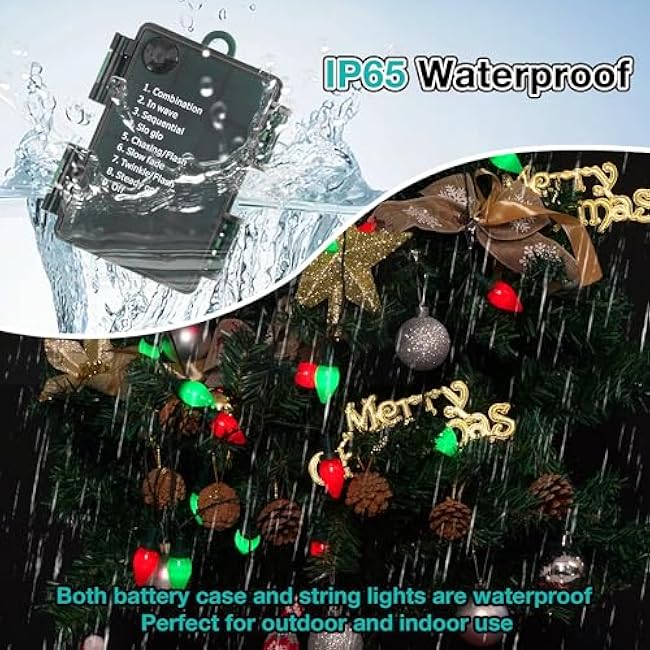 HAYATA C7 Bulbs Battery Classic Christmas String Lights with Timer - Red&White 50 LED 24ft String Lights - Fairy Lighting for Outdoor, Indoor, Garden, Yard, Party, Home, Wreath, Garlan SE (Red&Green)