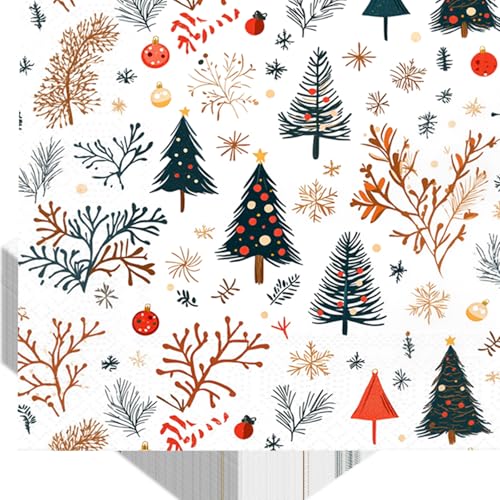 Tbsone Christmas Paper Napkins Disposable: 3-Ply Napkins with Watercolor Xmas Trees, Holiday Party Table Decor for Luncheon, Dinner, Dessert, Cocktail, Appetizer (6.5 x 6.5 Inches, 50 Pack)