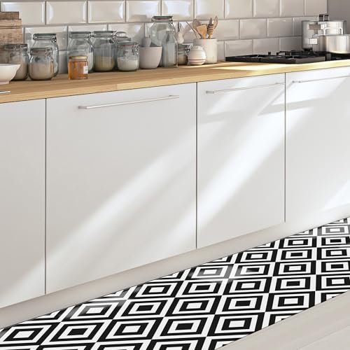 CREARREDA Tapis de Cuisine antidérapant Black & White 50x120 Tapis de Protection de Sol en Vinyle 100% fabriqué en Italie, avec Encre Non Toxique, Ignifuge...