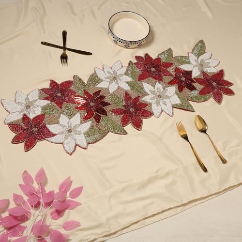 Image of Cotton Beautiful Silver Beaded Table Runner Craftsmanship | Pack of 1 Measure 13 * 36 Inches| Thanksgiving - Occasional Decoration Red Multi Flowers, Medium