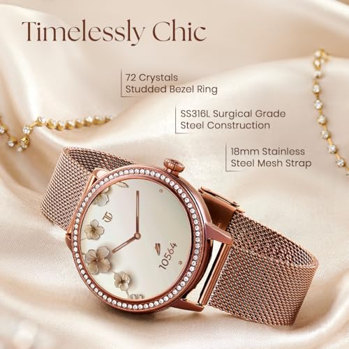 Image of Titan Valerie 1.19 inch AMOLED Studded Stainless Steel Smart Watch for Women, Next-Gen Chipset, Functional Crown, SOS & BT Calling, Women Wellness Suite, BP & Skin Temp Monitor, Fast Charging (Brown)
