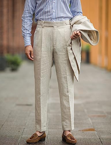 Snoly Men's Summer Retro Linen Lightweight Gurkha Tapered Leg Straight Flat Front Chino Pants Buckle Back3