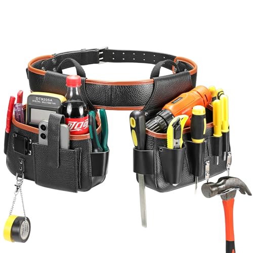Image of Tool Belt,Genuine Leather Tool Pouch,Detachable & Adjustable Single Side Tool Belt Pouch for Electrician,Carpenter,Construction,Work Apron,Utility Belt. (Black-C)