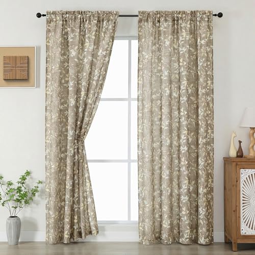 Image of Chyhomenyc Light Filtering 84 Inch Window Curtains - Linen Blend Floral Printed Curtains Drapes for Living Room, Soft Farmhouse Curtain for Bedroom, 52Wx84L Inch, 2 Panels, Taupe