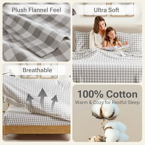 Sleep Philosophy True North 100% Cotton Flannel Sheets Cal King, Cozy Flannel Sheet Set Brushed for Extra Softness, Heavyweight Novelty Print Warm Flannel Bedding Set, Gray Herringbone Check 4 Piece