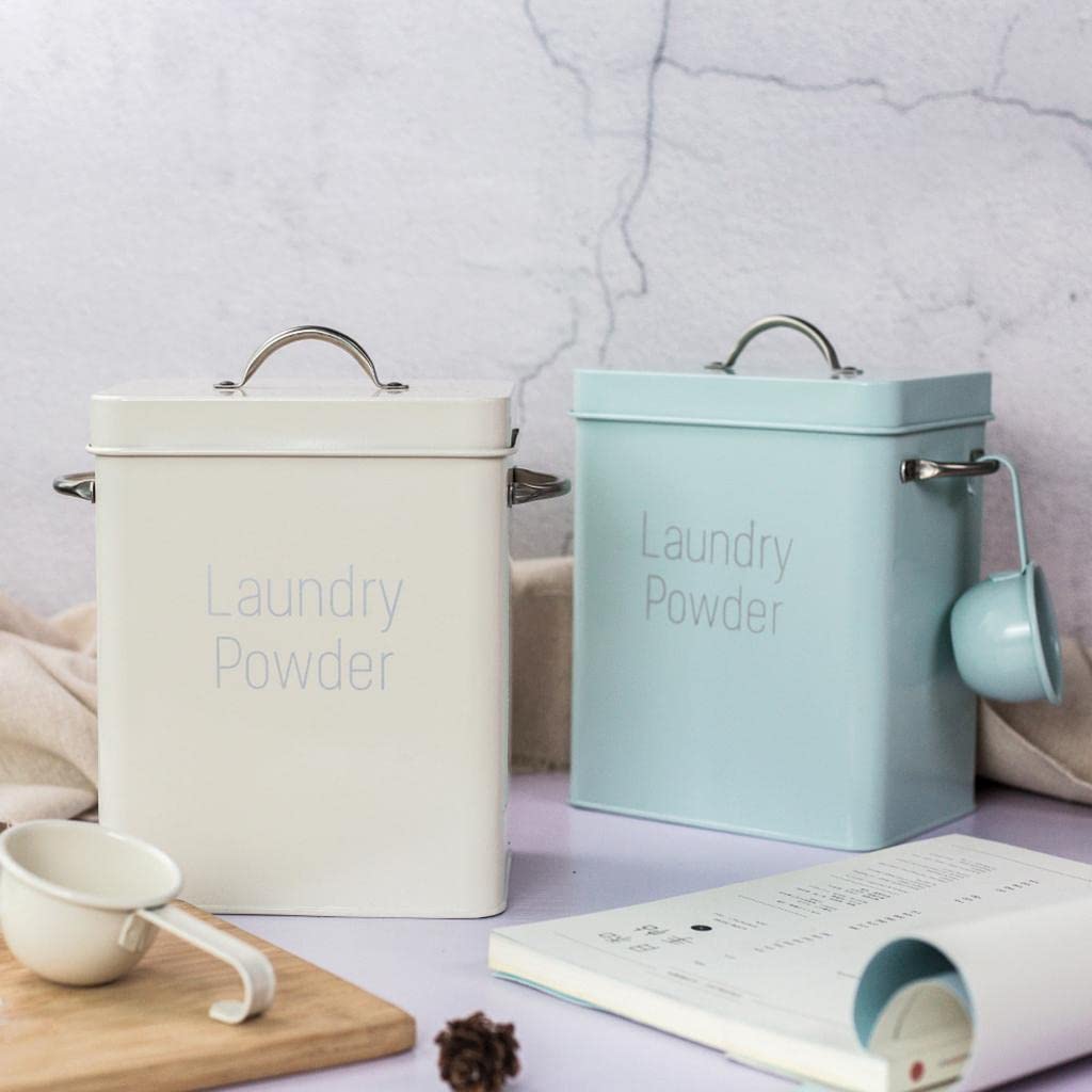 Grande contenitore di latta per bucato in polvere con cucchiaio, bianco