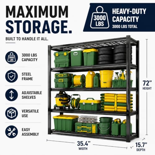 Image of Garage Shelving Heavy Duty Shelving Unit, 3000 LBS 5-Tier Adjustable Boltless Storage Rack, Organizer for Garage Warehouse Kitchen Basement Workshop Household Supplies, 72 inchH x 35.4 inchW x 15.7 inchD, Black