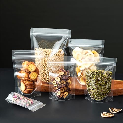 Image of 50 Pcs Resealable Packaging Bags, clear stand up food pouch bags with resealable lock seal zipper for Packaging Candy,Nuts,Snack,Tea,Spices,Treats,Pet Food and Soaps (5.5x7.9inch)