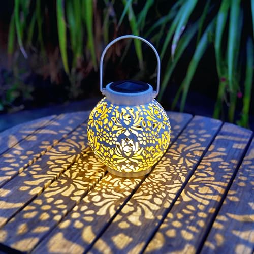Image of 2 Pack Outdoor Solar Hanging Lantern Lights Metal LED Decorative Lamp for Garden Patio Courtyard Lawn and Table with Hollowed-Out Design (White)