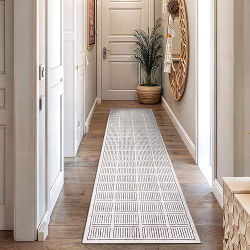 Rugshop Bohemian Stripe Lines Washable Non Slip Runner Rug 2' x 8' Ivory
