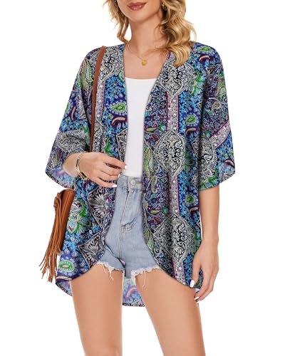 Image of Women's Floral Print Puff Sleeve Kimono Cardigan Loose Cover Up Casual Blouse Tops 2026