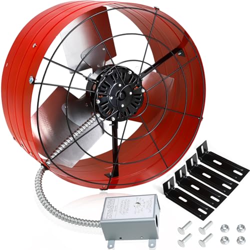 Criditpid 16 Inch Gable Mount Vent Attic Fan, Exhaust Ventilation Fan with Adjustable Thermostat for Gable, Home, Shed, Garage, Portable Building, 3.4A, 1075RPM, 2940CFM, 4200 Sq.Ft Coverage Area, Red