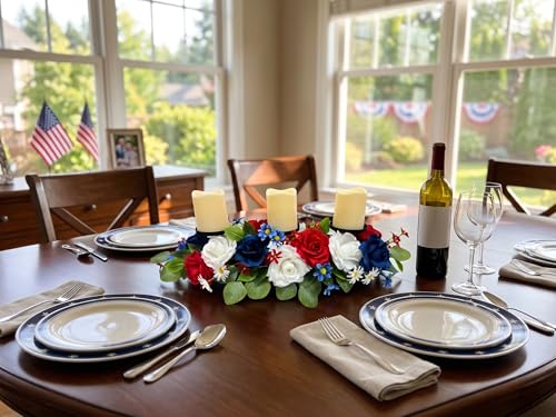 Image of Svndlyn 4th of July Decorations,Patriotic Floral Arrangement Centerpiece for Table,Centerpiece with 3 Candle Holder,Red White and Blue Fake Rose Flowers for Independence Day Home Decor,Memorial Day