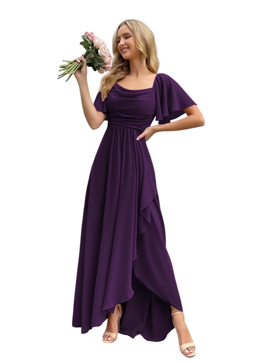 Womens Chiffon Bridesmaid Dresses for Women with Sleeves Split A Line Formal Dress with Pockets AS014