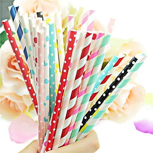 SCHUBERT Biodegradable Paper Drinking Straws Pack of 50pcs with 6mm Diameter for Juices, Shakes, Smoothies, Party Supplies Decorations (Random Colours and Designs)