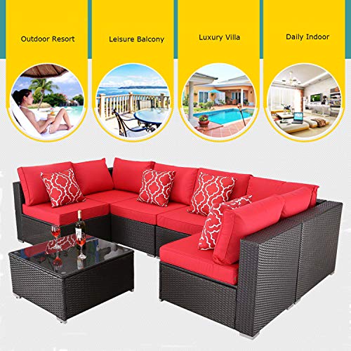 Do4U Patio Sofa 7-Piece Set Outdoor Furniture Sectional All-Weather Wicker Rattan Sofa Seat & Back Cushions, Garden Lawn Pool Backyard Outdoor Sofa Wicker Conversation Set (Red)