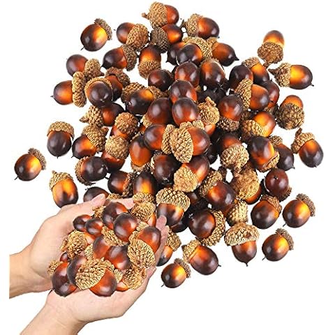 KISEER 100 Pcs Artificial Acorns Bulk Small Fake Lifelike Simulation Acorn with Natural Cap for Crafts, Wedding, Home Vase Filler Decor Cover