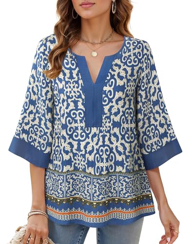 Bebonnie Women Blouses Dressy Casual 3/4 Sleeve V Neck Floral Loose Fit Tunic Tops3