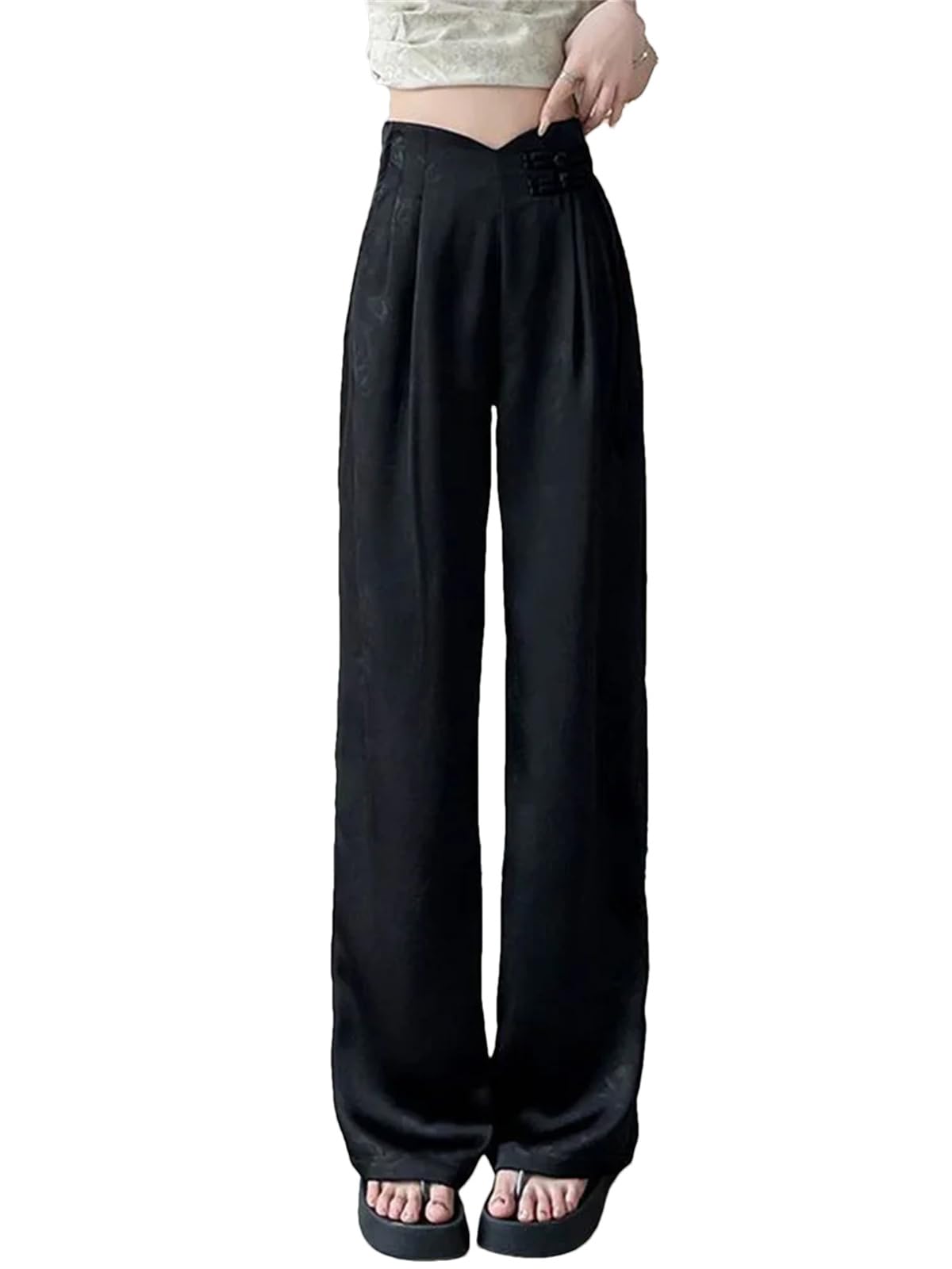 Women Spring Summer Print Loose Straight Pants High Waist Ice Slik Baggy Pantalones Casual Wide Leg Black