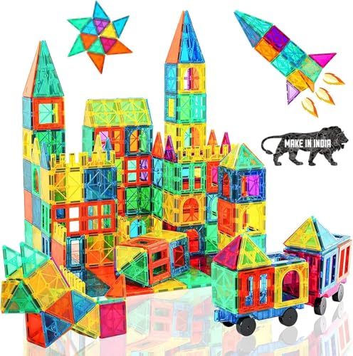 Image of ANVIE & ABEER Set of 40 Pcs Big (75mm) Magnetic Tiles with 2 Car Chassis of Random Colour | Magnetic Building Blocks | STEM Educational Construction Toy for Kids Boys & Girls