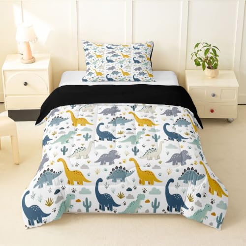 Image of Feelyou Dinosaur Kids Comforter Set Toddler Size 3D Dino Print Bedding Set Jungle Dino Duvet Quilt for Kids Boys Girls Bedroom Wild Animal Decor Microfiber Ultra Soft Breathable