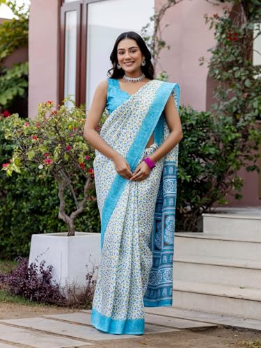 Image of SIRIL Women's Cotton Printed Saree with Unstitched Blouse Piece
